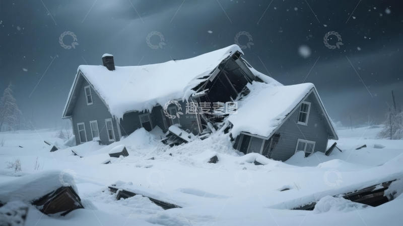 高清大图下载【趣麦麦图】雪夜中坍塌的房屋废墟