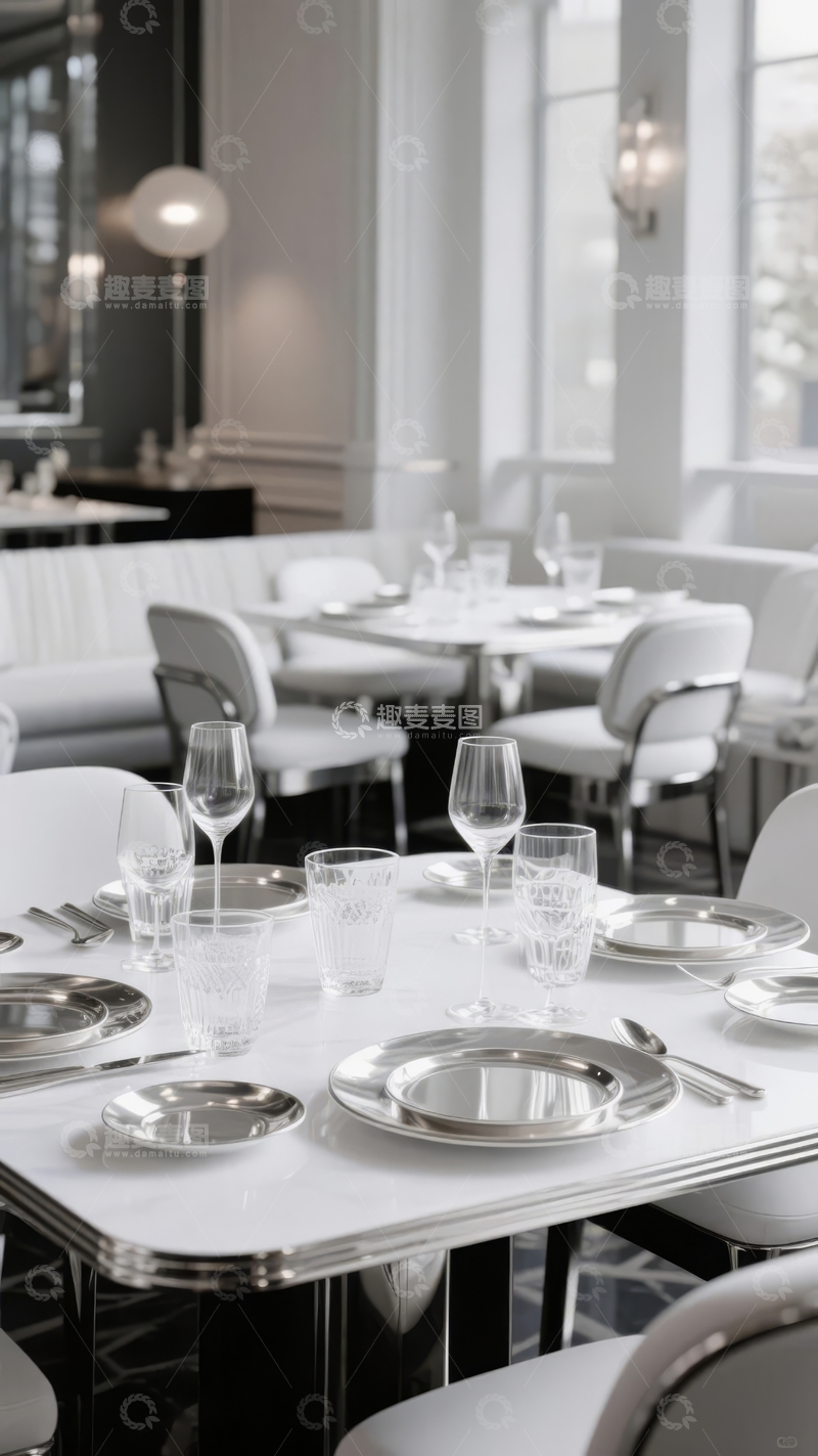 高清大图下载【趣麦麦图】现代餐厅内优雅餐桌布置与舒适座椅环境