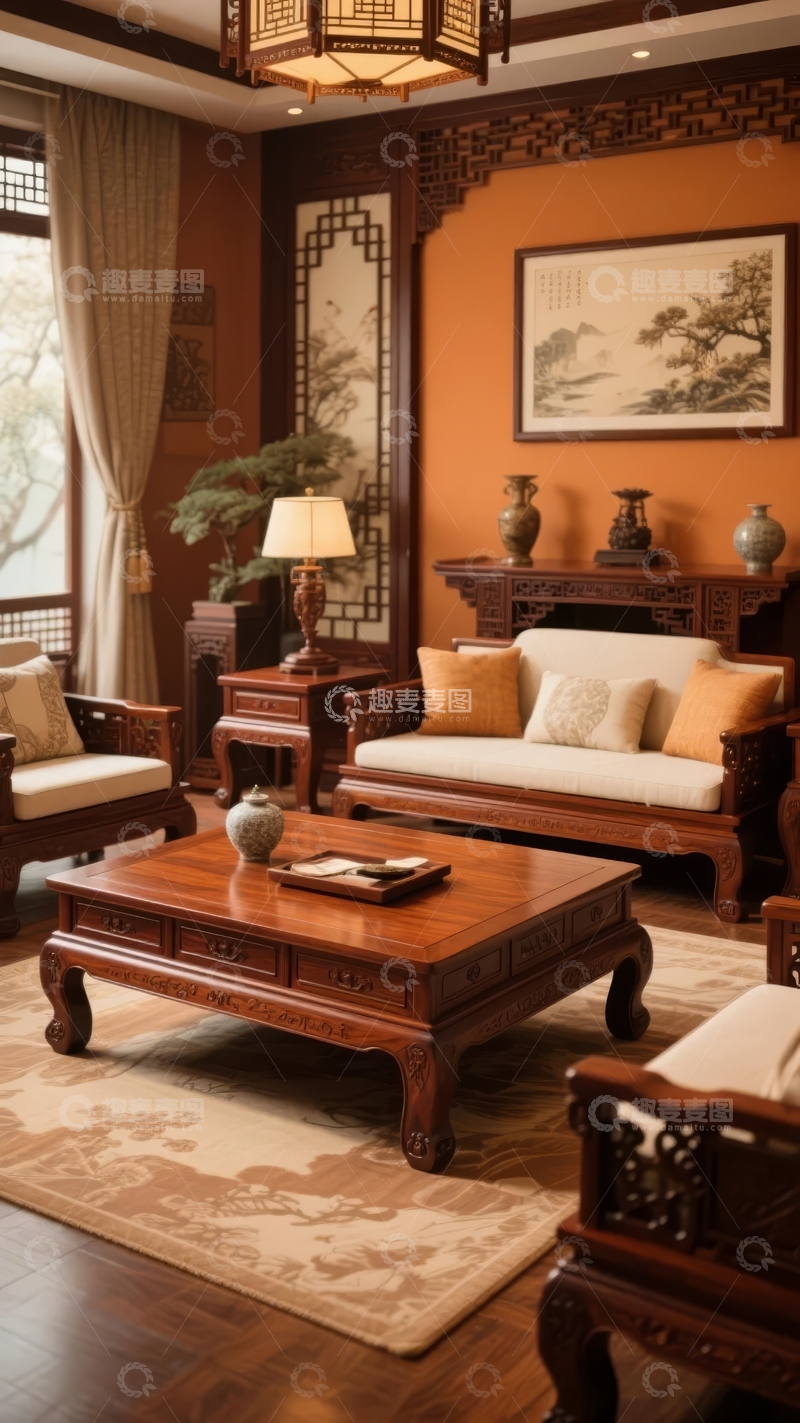 高清大图下载【趣麦麦图】典雅中式客厅布置温馨舒适家具陈设精美