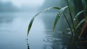 雨滴轻落水面涟漪荡漾绿叶晶莹剔透