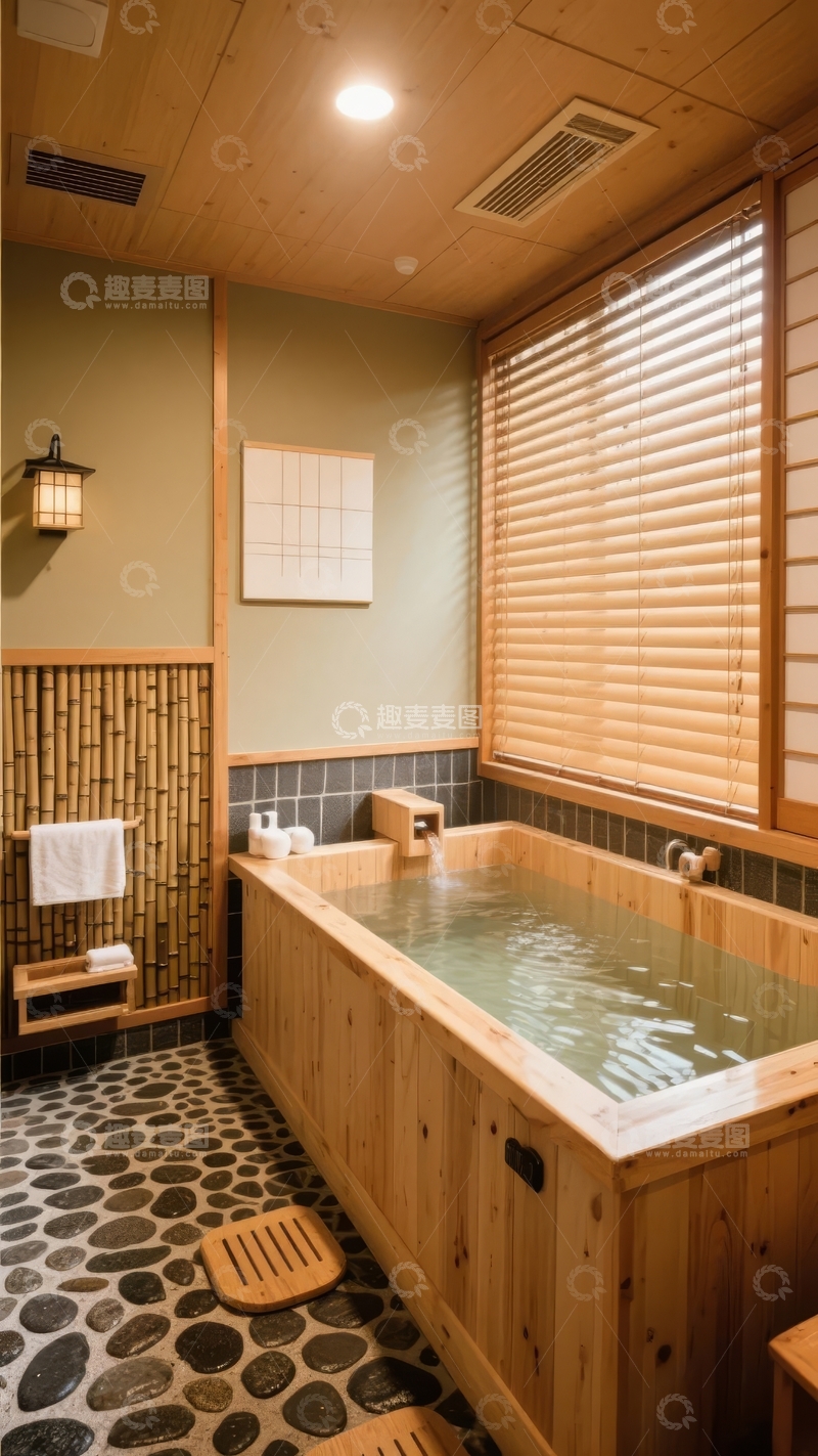 高清大图下载【趣麦麦图】日式风格浴室配备木质浴缸和百叶窗