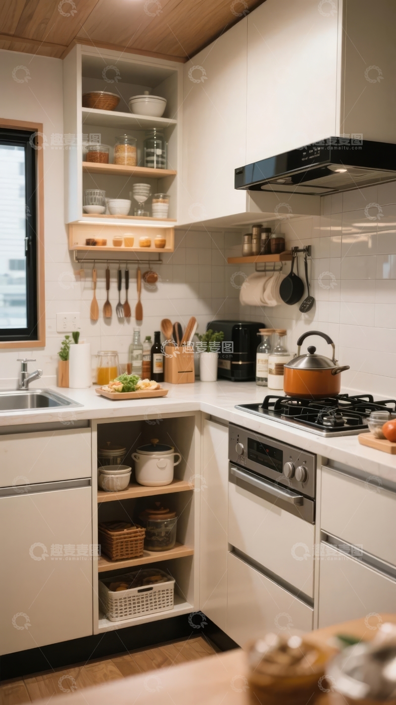 高清大图下载【趣麦麦图】现代简约风格厨房展示整洁收纳与烹饪场景