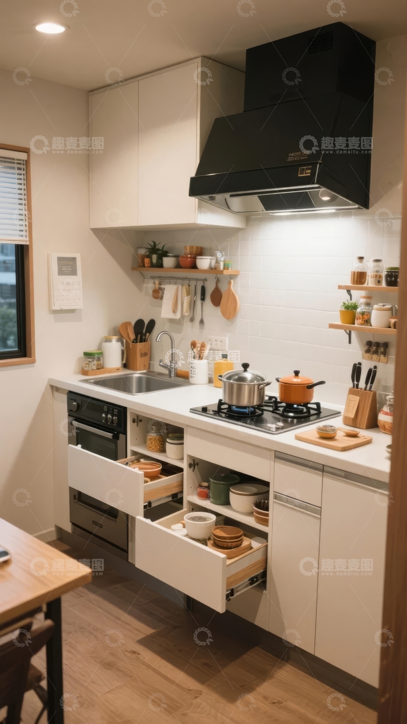 高清大图下载【趣麦麦图】现代简约风格厨房设计展示整洁实用的烹饪空间