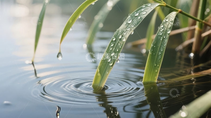 高清大图下载【趣麦麦图】水边绿叶挂满露珠微风轻拂泛起涟漪
