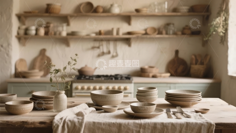 高清大图下载【趣麦麦图】温馨厨房中摆放着陶制餐具和装饰品