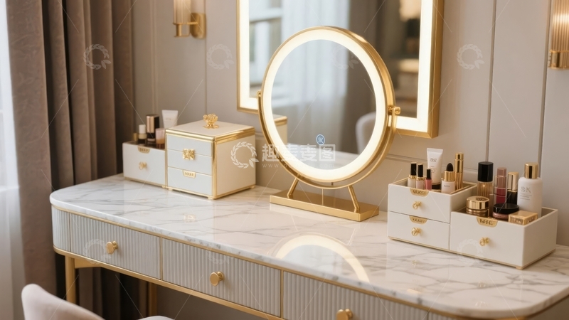 高清大图下载【趣麦麦图】大理石台面梳妆台上摆放着化妆镜和化妆品