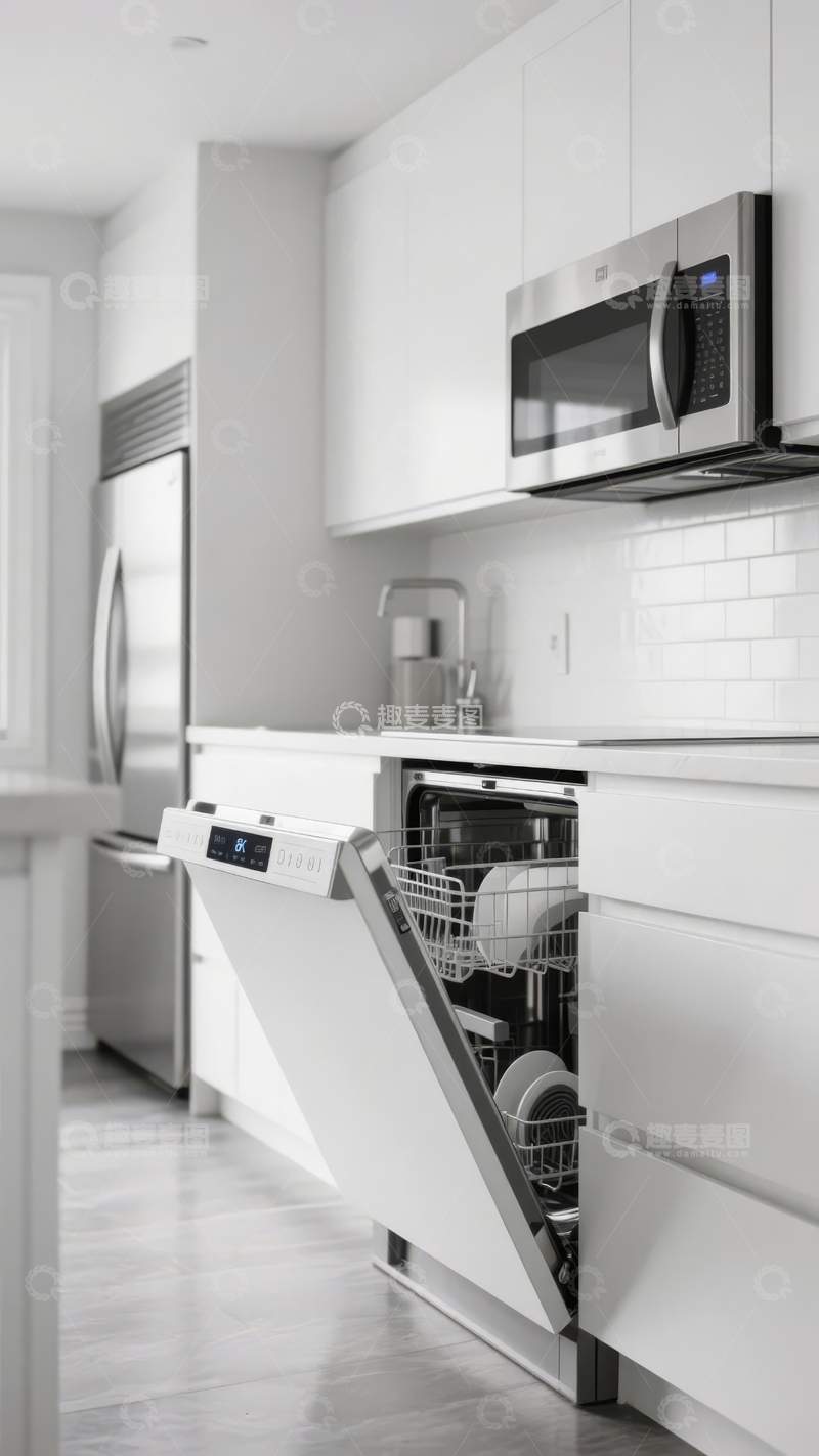 高清大图下载【趣麦麦图】现代厨房白色橱柜与不锈钢电器的整洁设计
