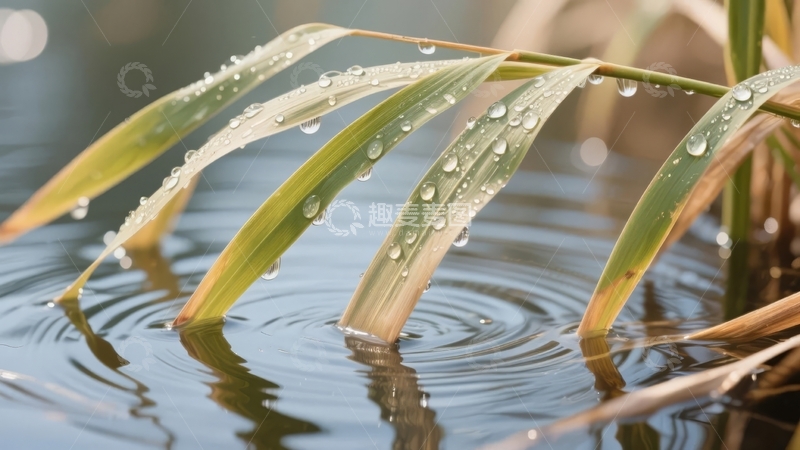 高清大图下载【趣麦麦图】水边植物叶片上挂着晶莹水珠