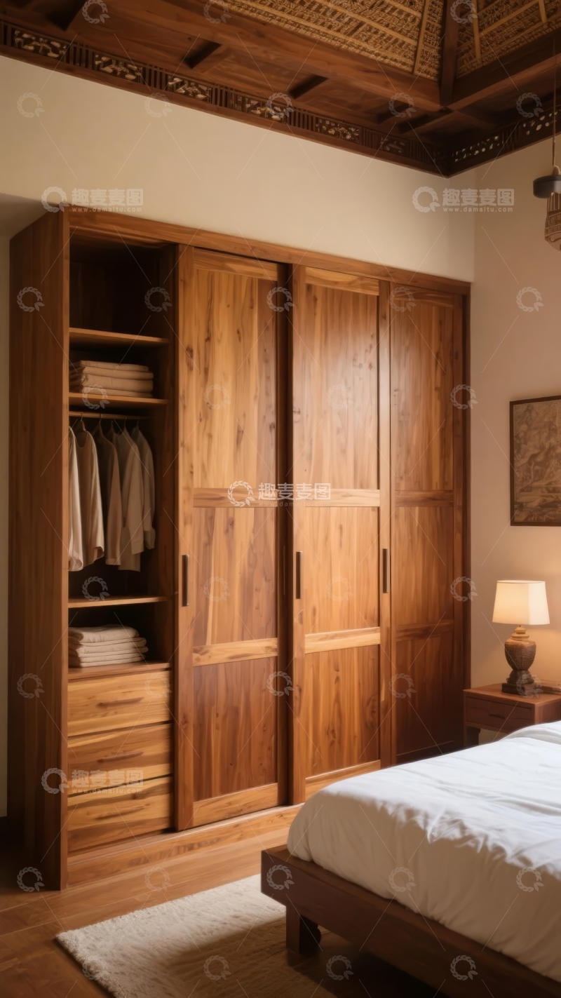 高清大图下载【趣麦麦图】木质衣柜与装饰天花板的温馨卧室一角