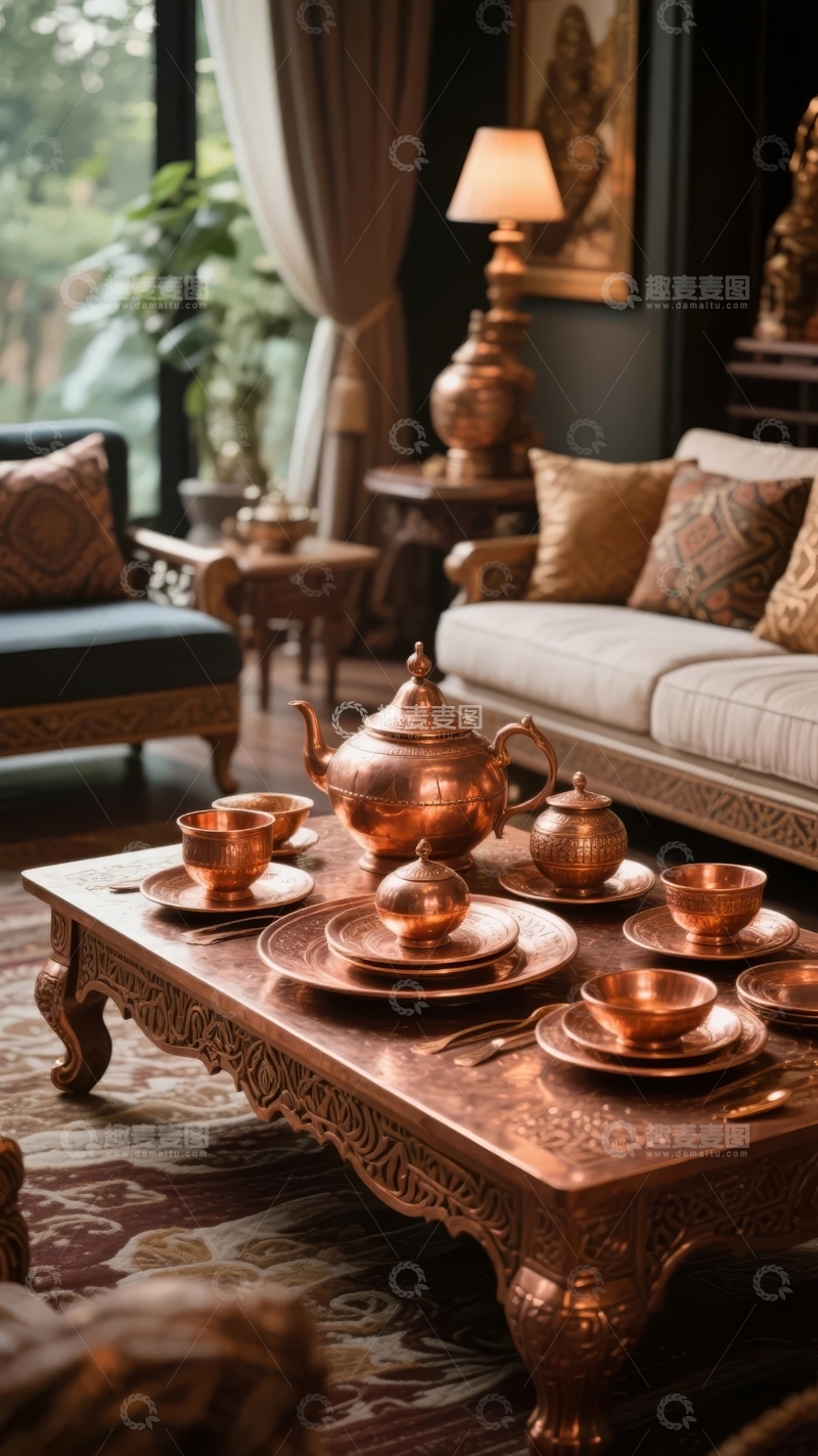 高清大图下载【趣麦麦图】豪华客厅内摆放着一套铜制茶具