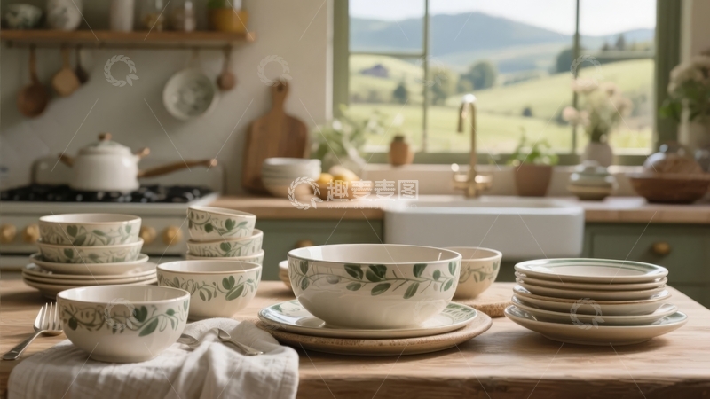 高清大图下载【趣麦麦图】田园风格厨房餐具摆放与窗外绿色山丘景色