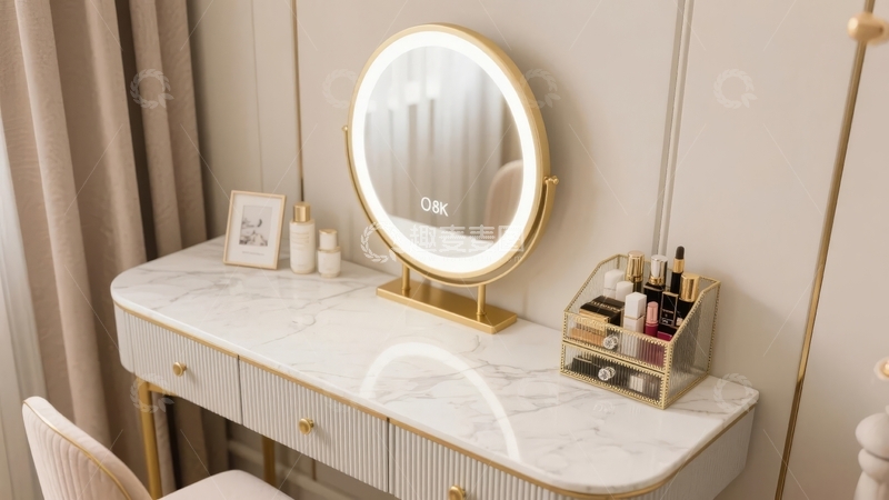 高清大图下载【趣麦麦图】现代梳妆台配圆形化妆镜及化妆品收纳盒