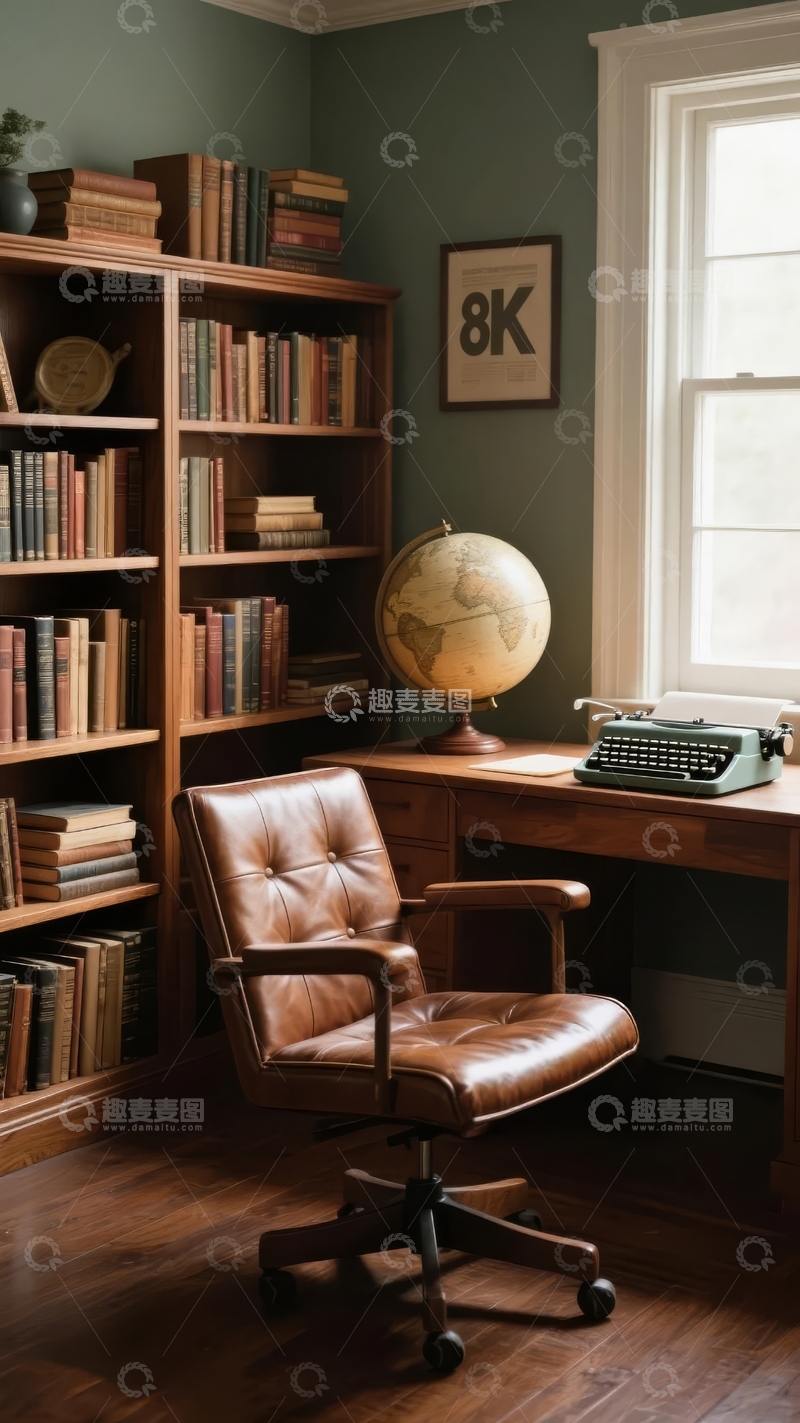 高清大图下载【趣麦麦图】复古书房内书架地球仪打字机与窗户