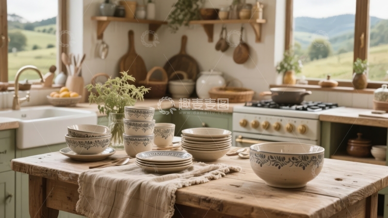 高清大图下载【趣麦麦图】乡村风格厨房内景摆放着餐具和绿植窗外可见山景