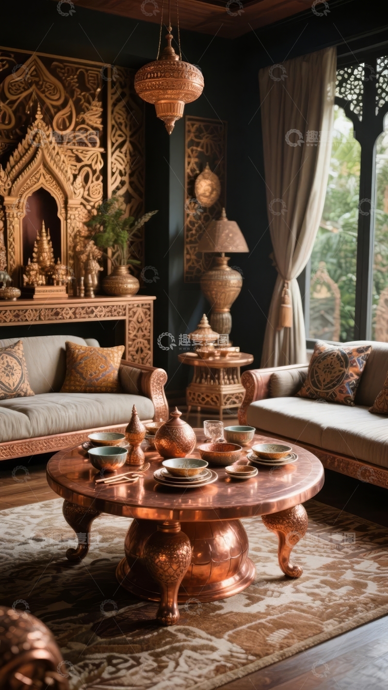 高清大图下载【趣麦麦图】东南亚风格客厅装饰精美家具与华丽挂饰