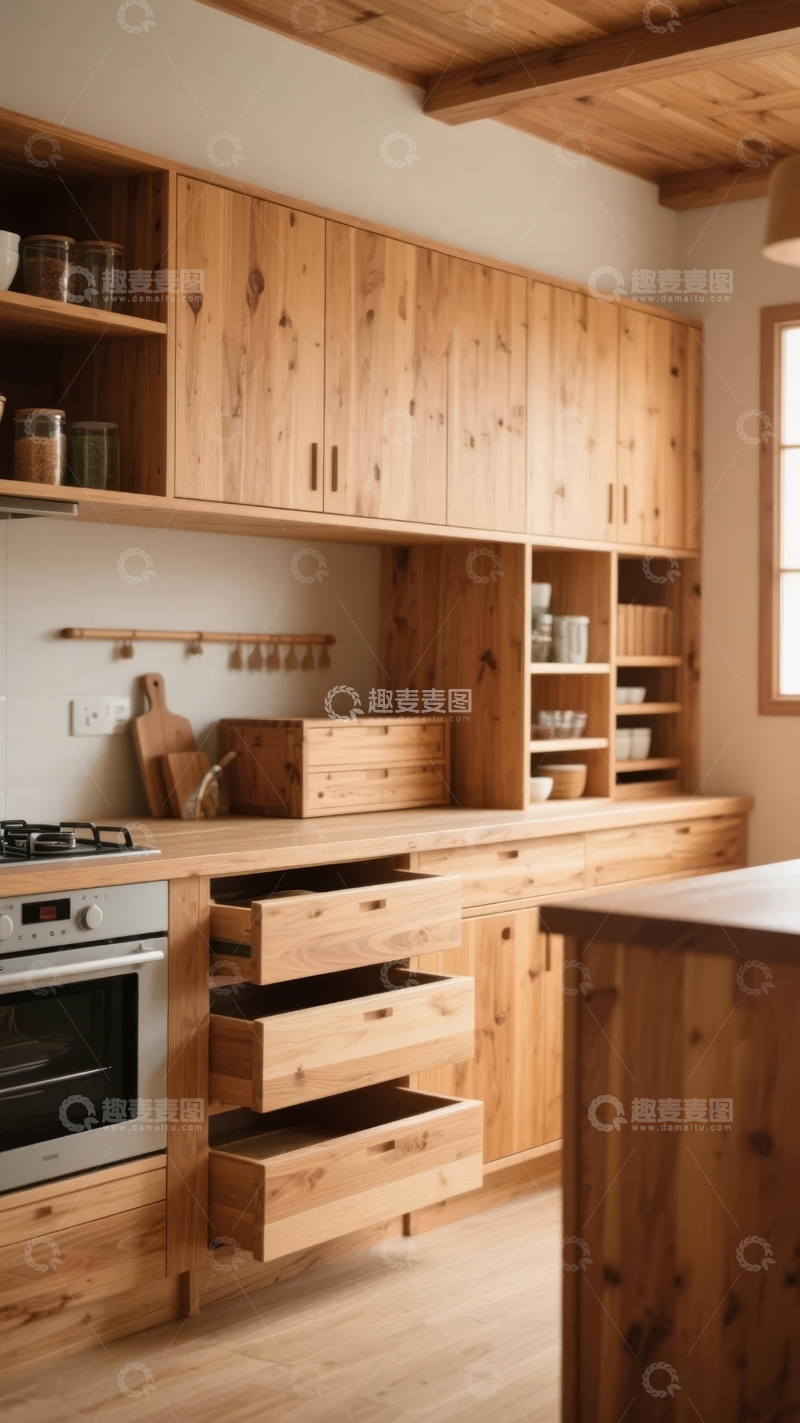 高清大图下载【趣麦麦图】现代风格木质厨房设计整体橱柜与开放式储物架