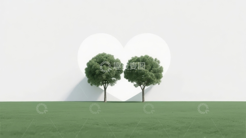 高清大图下载【趣麦麦图】两棵树并立于心形图案前的宁静自然景观