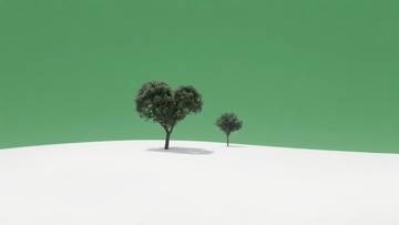 两棵树在白色地面与绿色背景下的简约静谧场景