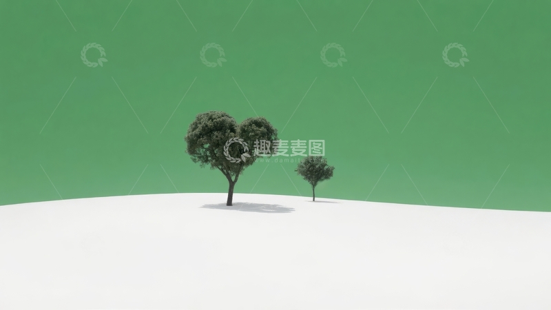 高清大图下载【趣麦麦图】两棵树在白色地面与绿色背景下的简约静谧场景
