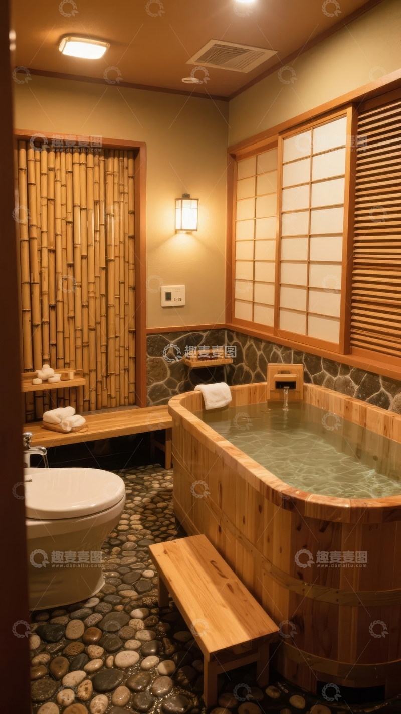 高清大图下载【趣麦麦图】日式风格浴室配备木质浴缸和竹帘装饰