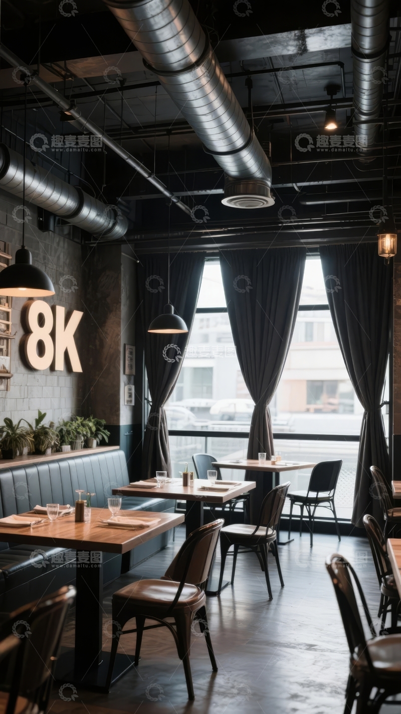 高清大图下载【趣麦麦图】现代工业风餐厅内部装潢宽敞明亮