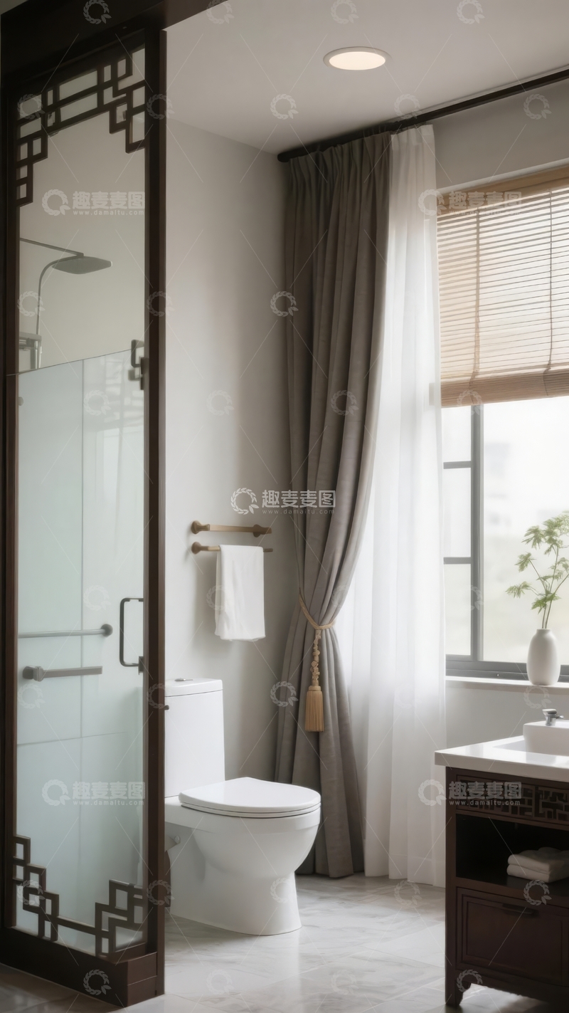 高清大图下载【趣麦麦图】现代简约风格浴室设计带玻璃淋浴房和大窗户