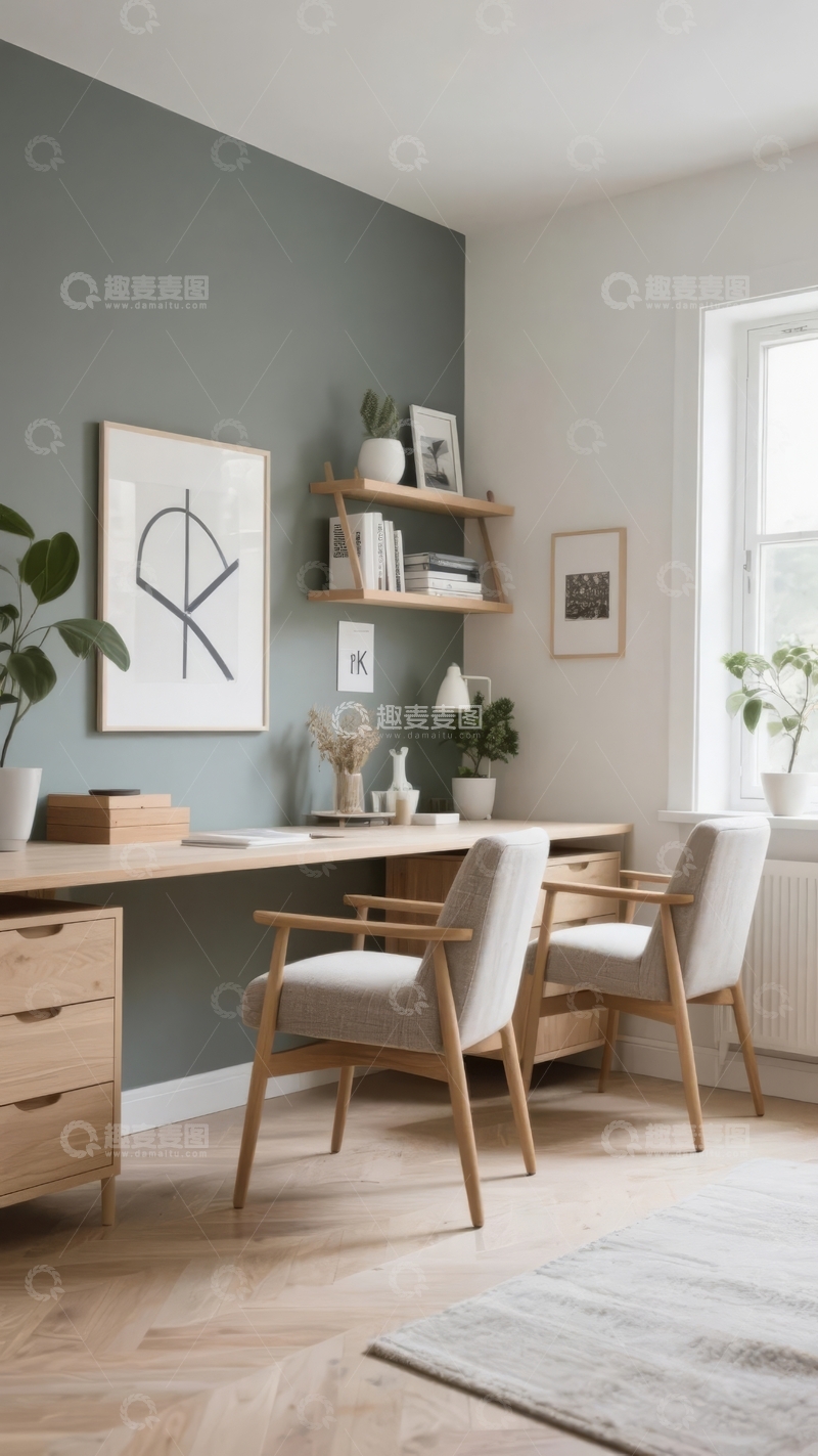 高清大图下载【趣麦麦图】现代简约风格的室内办公角落配有木质家具和绿植