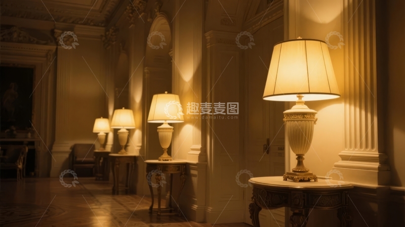 高清大图下载【趣麦麦图】古典风格走廊中排列的多盏台灯营造温馨氛围
