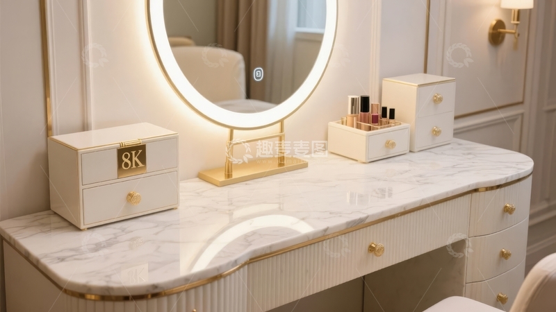 高清大图下载【趣麦麦图】现代梳妆台配圆形灯镜和化妆品收纳盒