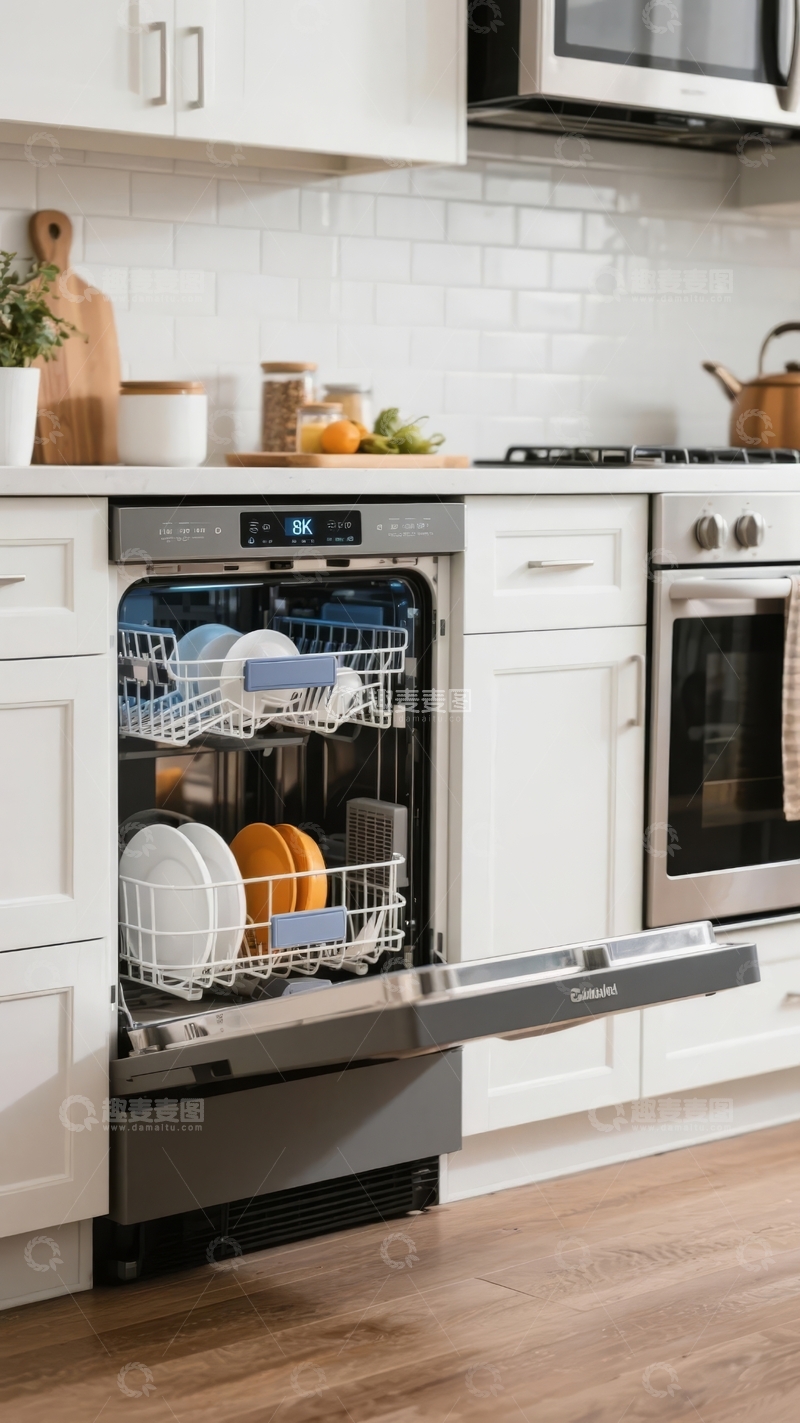 高清大图下载【趣麦麦图】现代厨房中打开的洗碗机内有干净餐具
