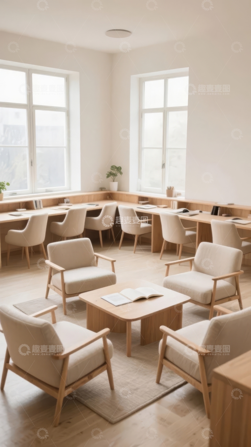 高清大图下载【趣麦麦图】明亮简约的室内休息区摆放着多组桌椅