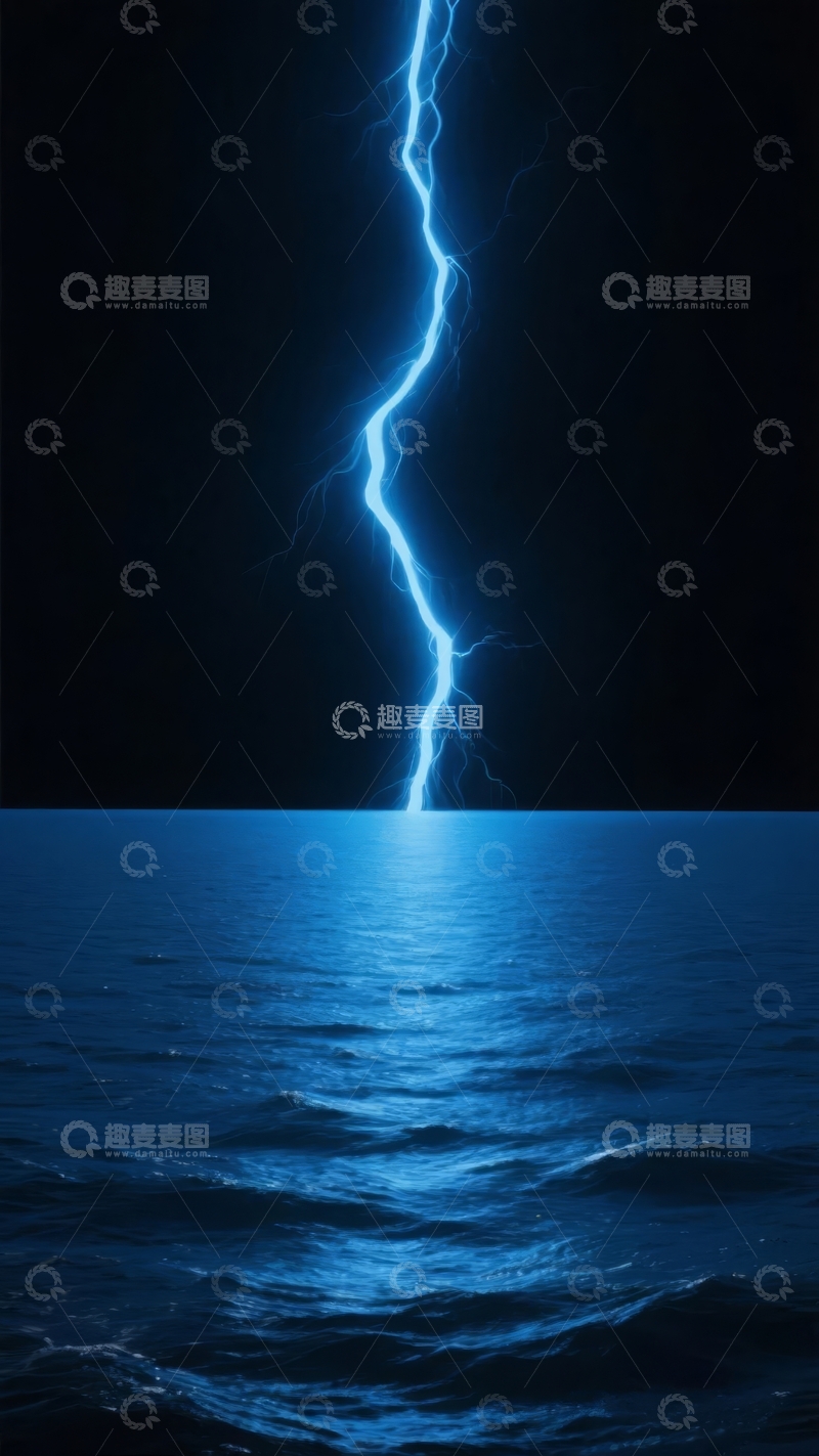 高清大图下载【趣麦麦图】闪电划破夜空照亮水面的壮观自然景象