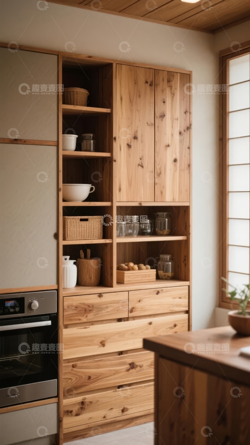 高清大图下载【趣麦麦图】日式风格厨房中的木质储物柜与餐具陈列