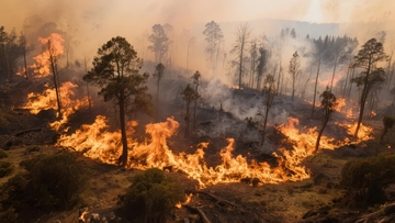 森林火灾蔓延浓烟滚滚树木燃烧