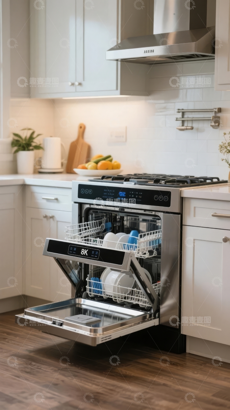 高清大图下载【趣麦麦图】现代厨房中的洗碗机和燃气灶具