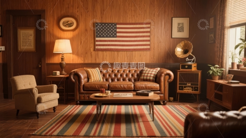 高清大图下载【趣麦麦图】复古风格客厅摆放美国国旗和皮质沙发