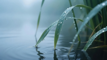 雨后水边绿叶挂满晶莹水珠
