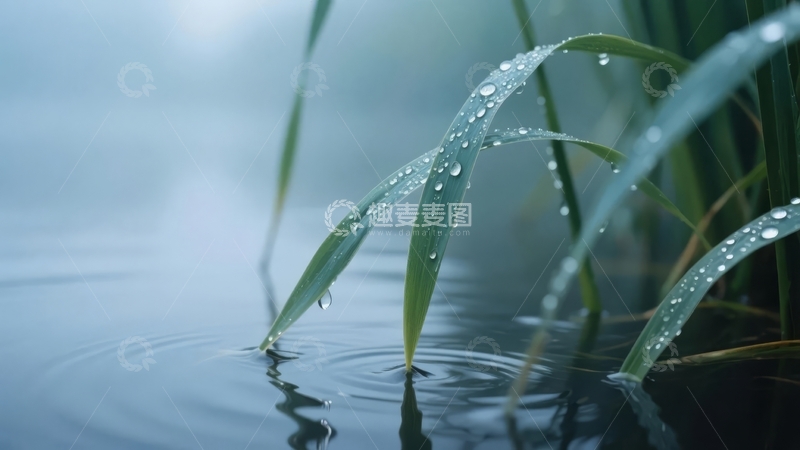 高清大图下载【趣麦麦图】雨后水边绿叶挂满晶莹水珠