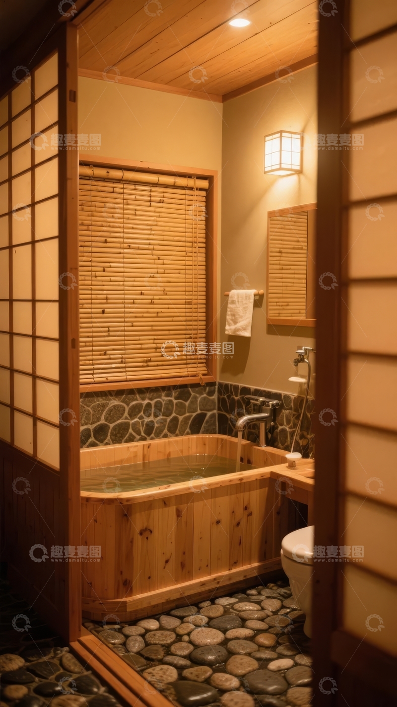 高清大图下载【趣麦麦图】日式风格浴室内的木质浴缸与竹帘装饰