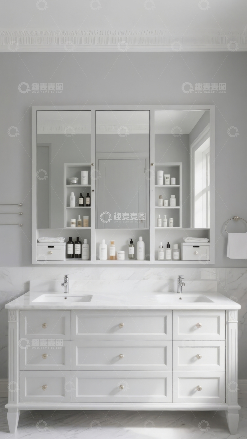 高清大图下载【趣麦麦图】现代简约风格的白色双盆浴室柜及储物架
