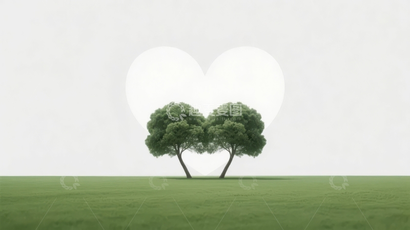 高清大图下载【趣麦麦图】两棵树形成心形轮廓的宁静草地景观