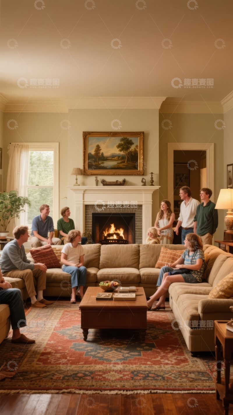 高清大图下载【趣麦麦图】温馨客厅中家人围坐壁炉旁享受家庭时光