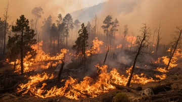 森林火灾猛烈燃烧树木与地面植被