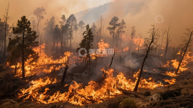 高清大图下载【趣麦麦图】森林火灾猛烈燃烧树木与地面植被