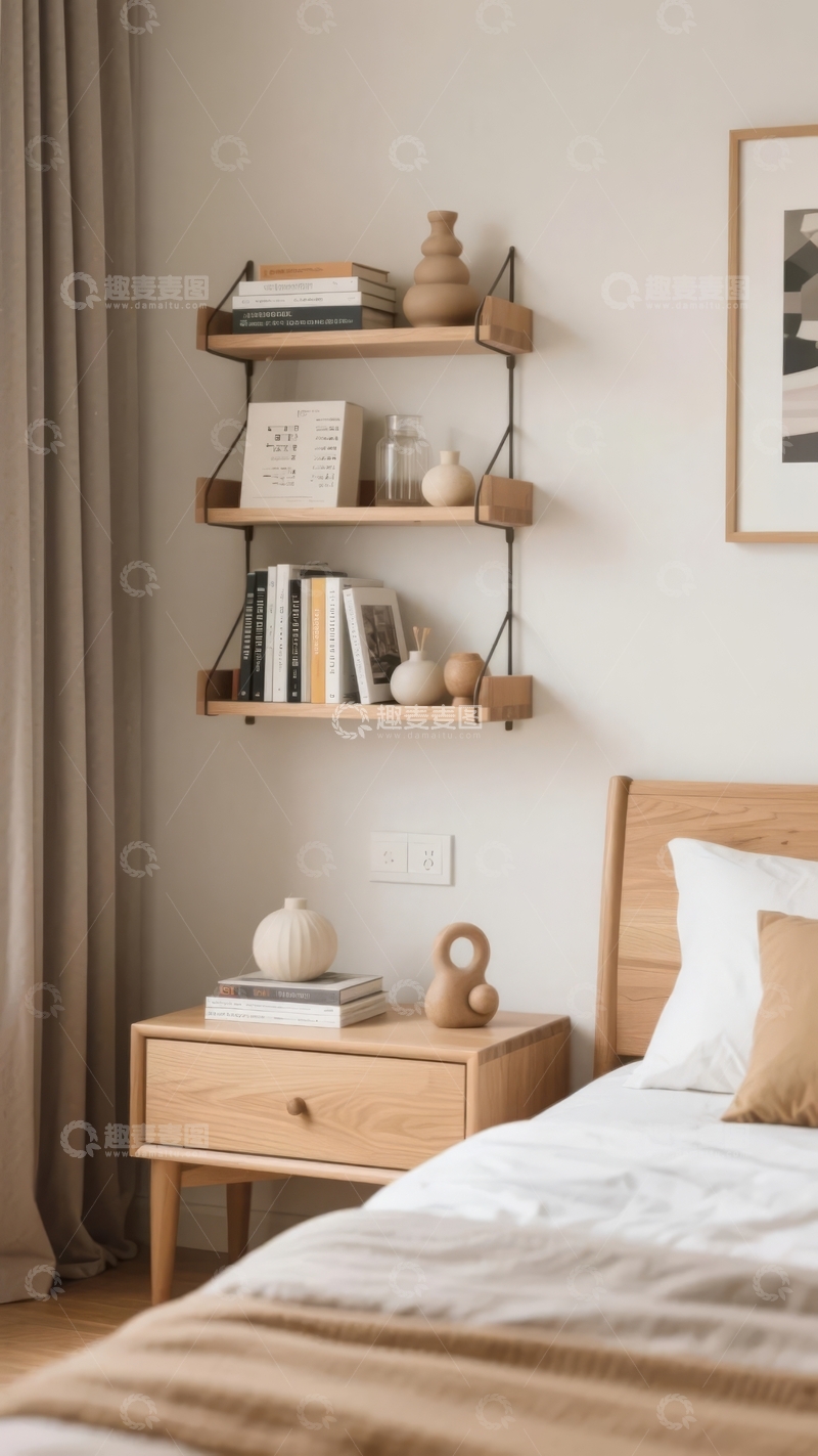 高清大图下载【趣麦麦图】简约风格卧室一角床头柜与置物架上的书籍和装饰品