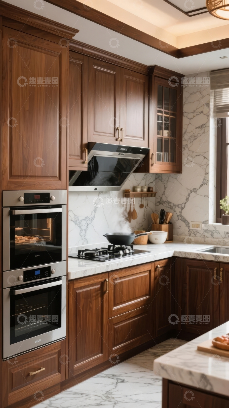 高清大图下载【趣麦麦图】-现代厨房设计展示木质橱柜大理石台面