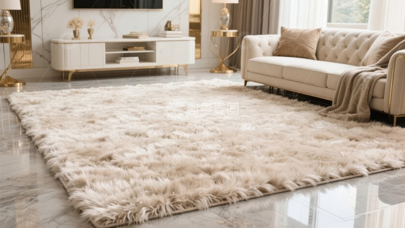 高清大图下载【趣麦麦图】现代客厅铺着毛绒地毯摆放着沙发和电视柜