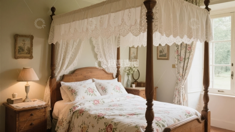 高清大图下载【趣麦麦图】典雅四柱床配花卉床品和窗帘的卧室场景