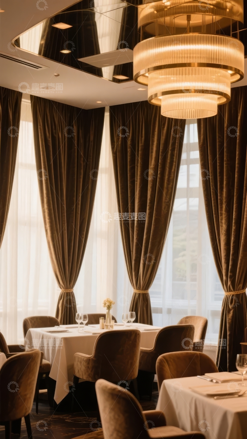 高清大图下载【趣麦麦图】豪华餐厅内景装饰优雅吊灯与窗帘