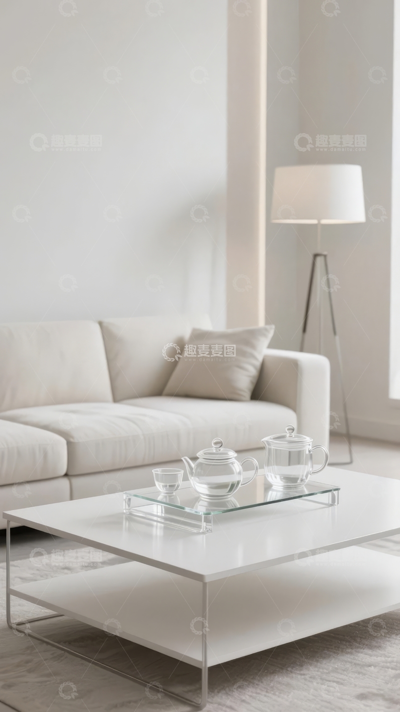 高清大图下载【趣麦麦图】现代简约风格客厅布置以浅色沙发和金属框架茶几为主